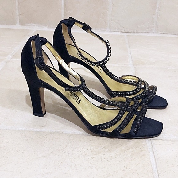 Bottega Veneta rhinestone satin ankle t strap black strappy vintage heels… - Picture 8 of 17